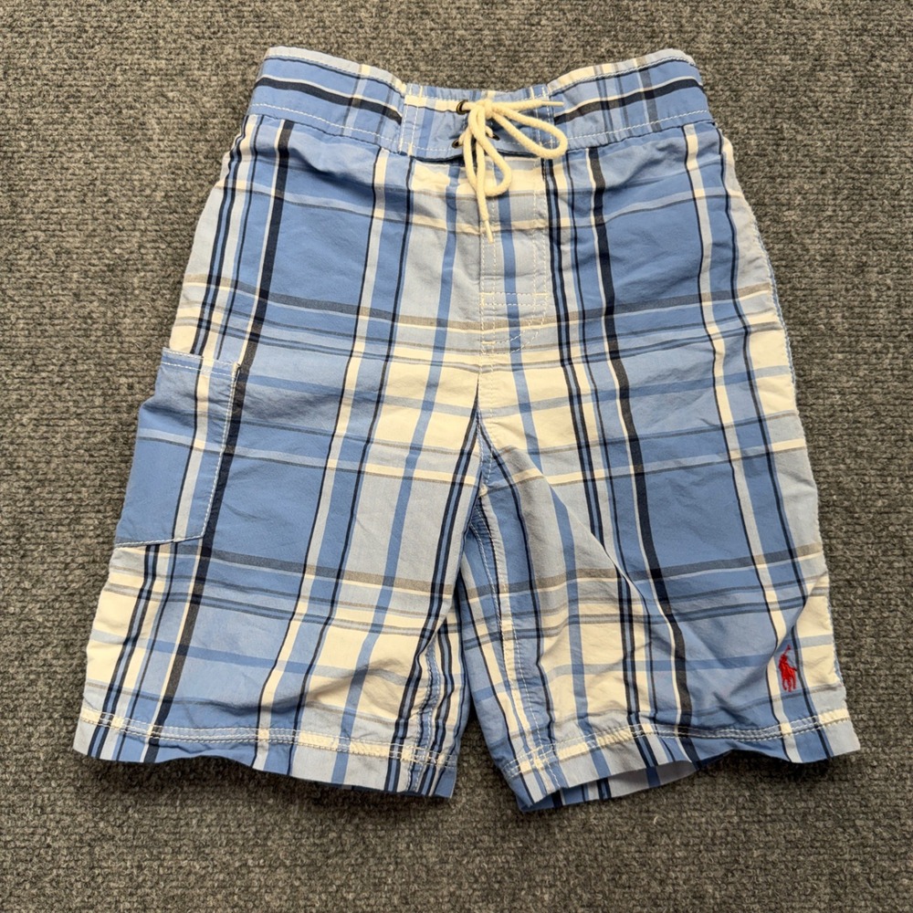 Polo Ralph Lauren Kids Blue Plaid Swim Trunks Board Shorts Size 6 Cargo Pocket